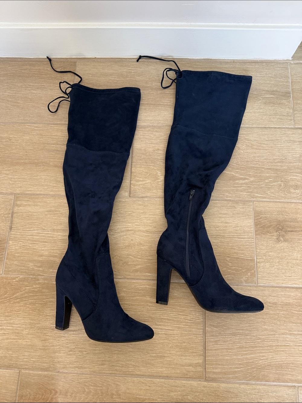 Women's Over-the-Knee High Heel Boots - Navy Suede